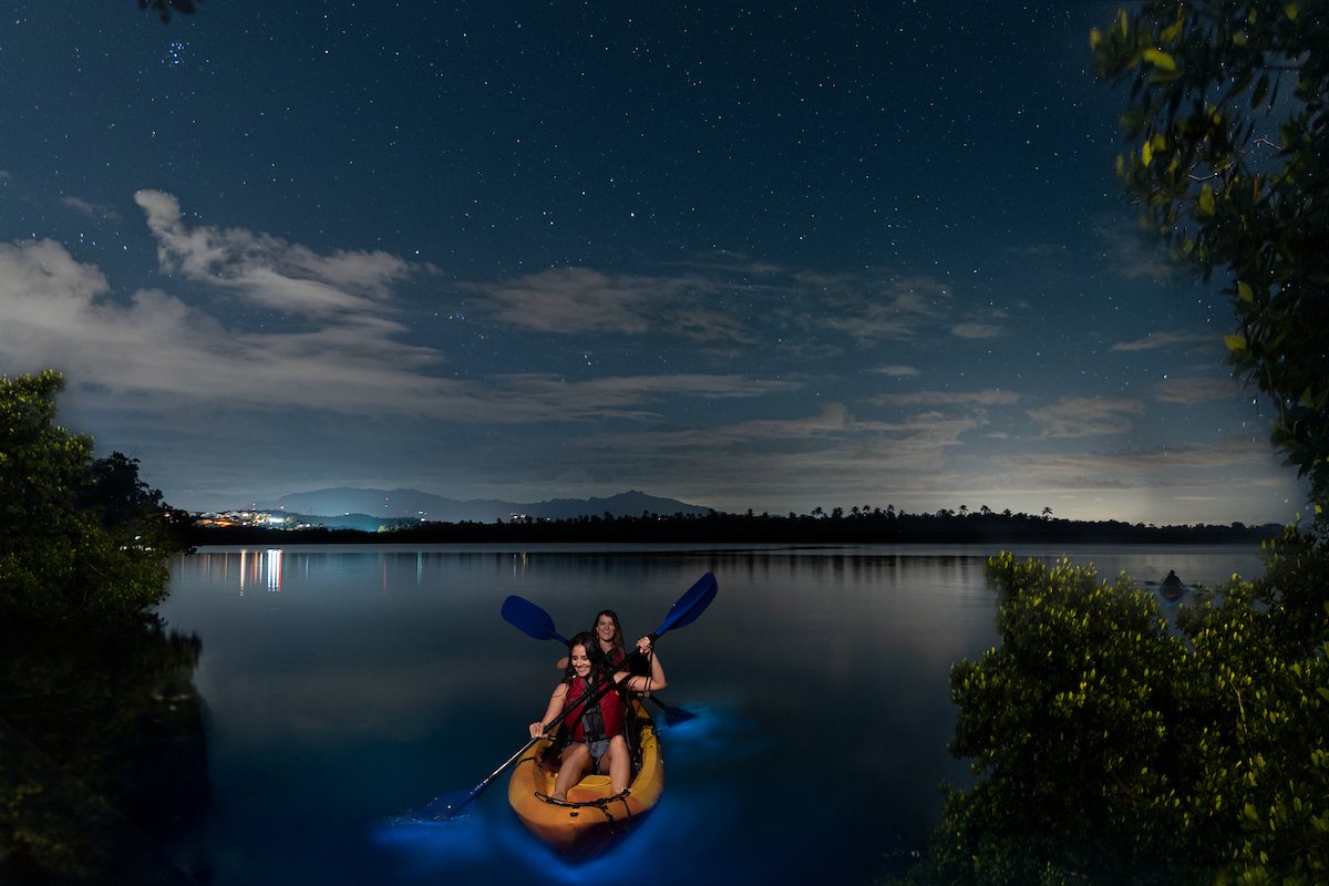 Kayak on a bio bay under a starry night sky in Puerto Rico