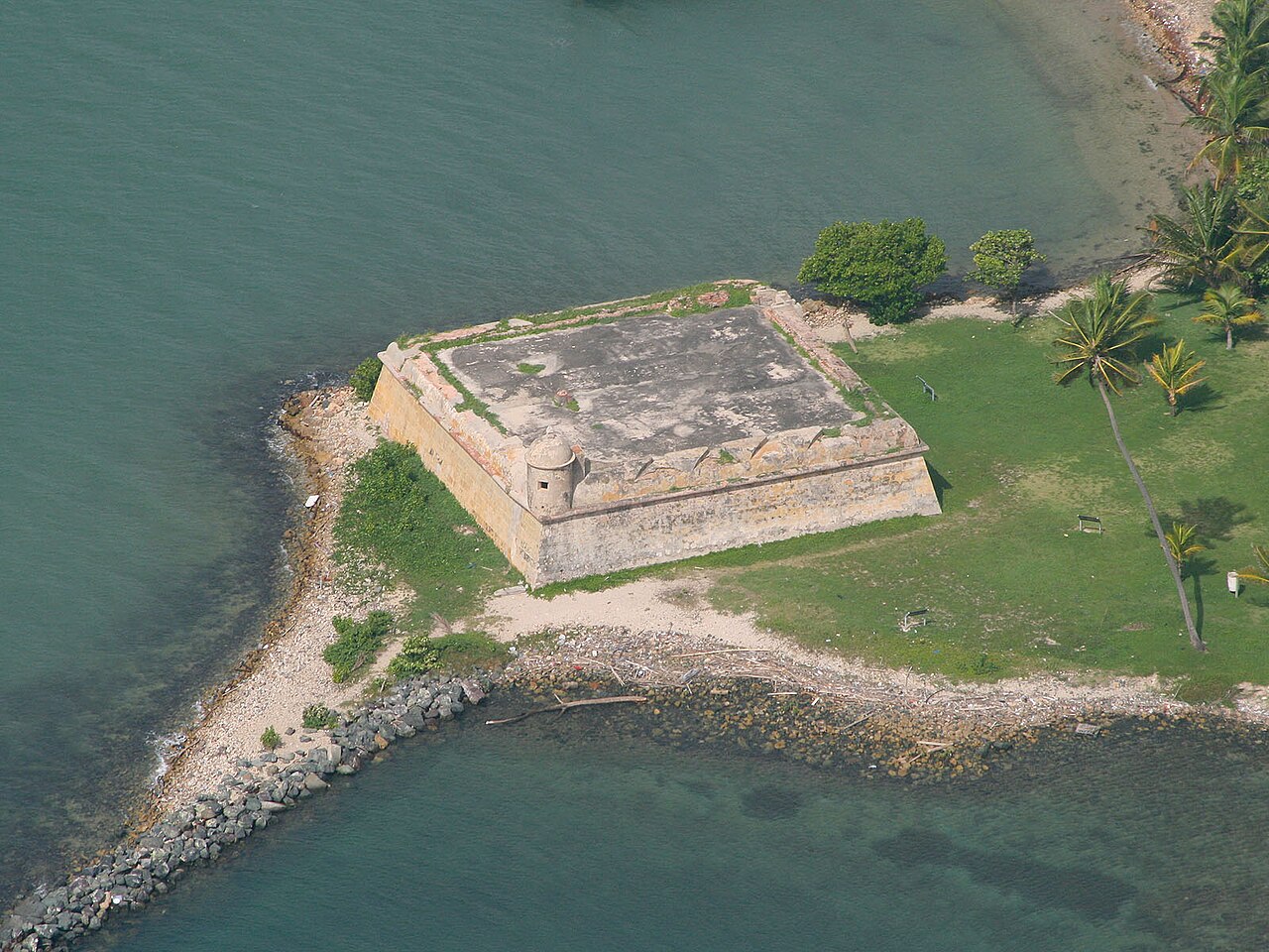 Aerial view of El Cañuelo fort on Isla de Cabras in Toa Baja, Puerto Rico