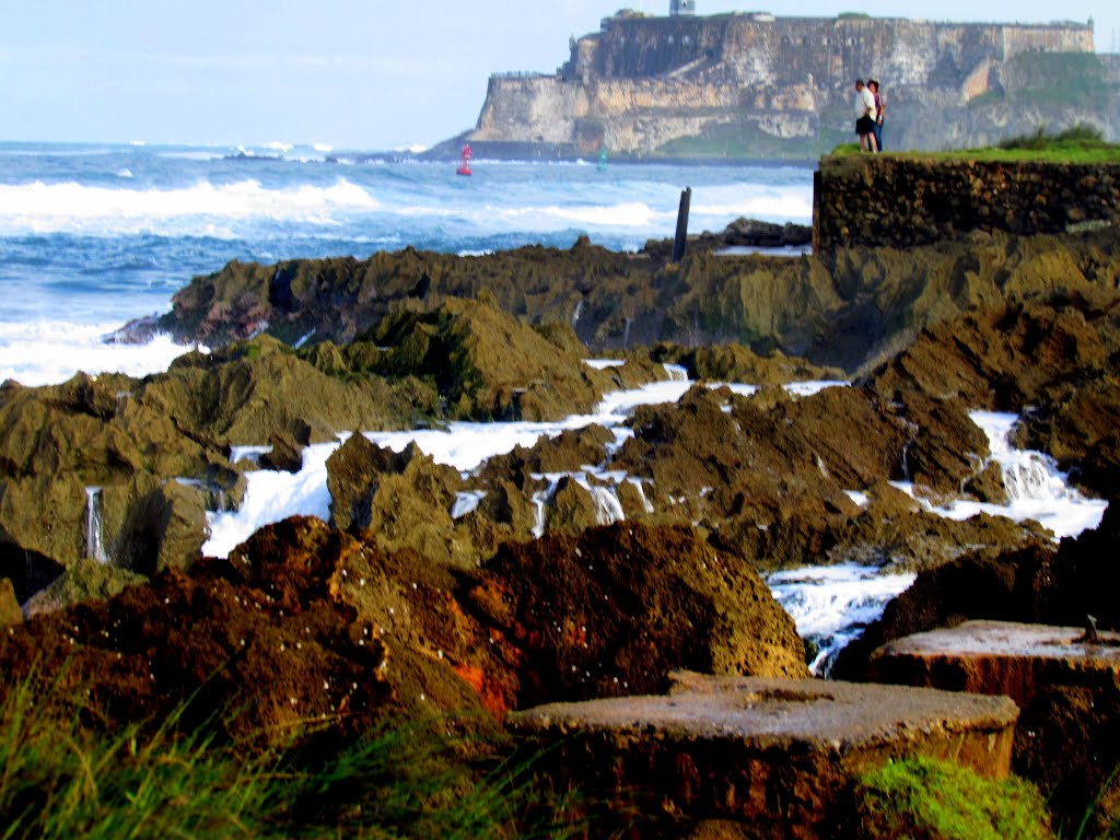 El Morro seen from the rocky shore of Isla de Cabras in Toa Baja, Puerto Rico