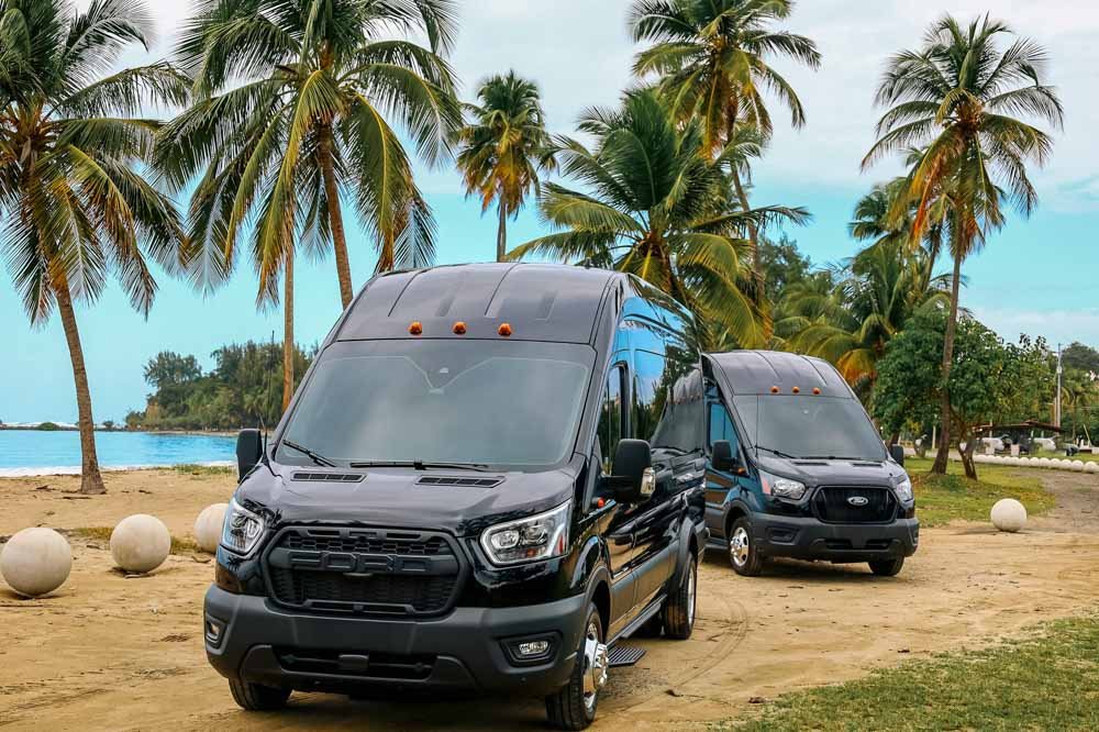Our two black passenger vans parked under palm trees by the beach in Puerto Rico